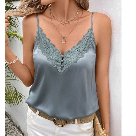 Classic V neck Lace Satin Cami Tank Top - Picture 3 of 7